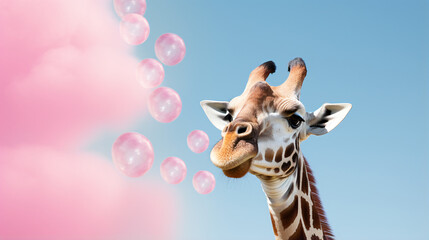 Beautiful African giraffe blowing bubble gum