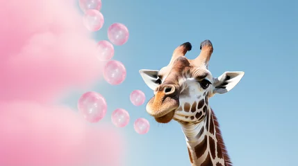 Fotobehang Beautiful African giraffe blowing bubble gum © aleena