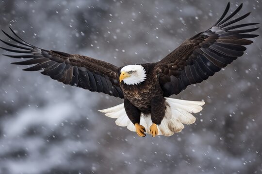 Winter Wildlife: Majestic Bald Eagle Spreading Its Wings in Flight