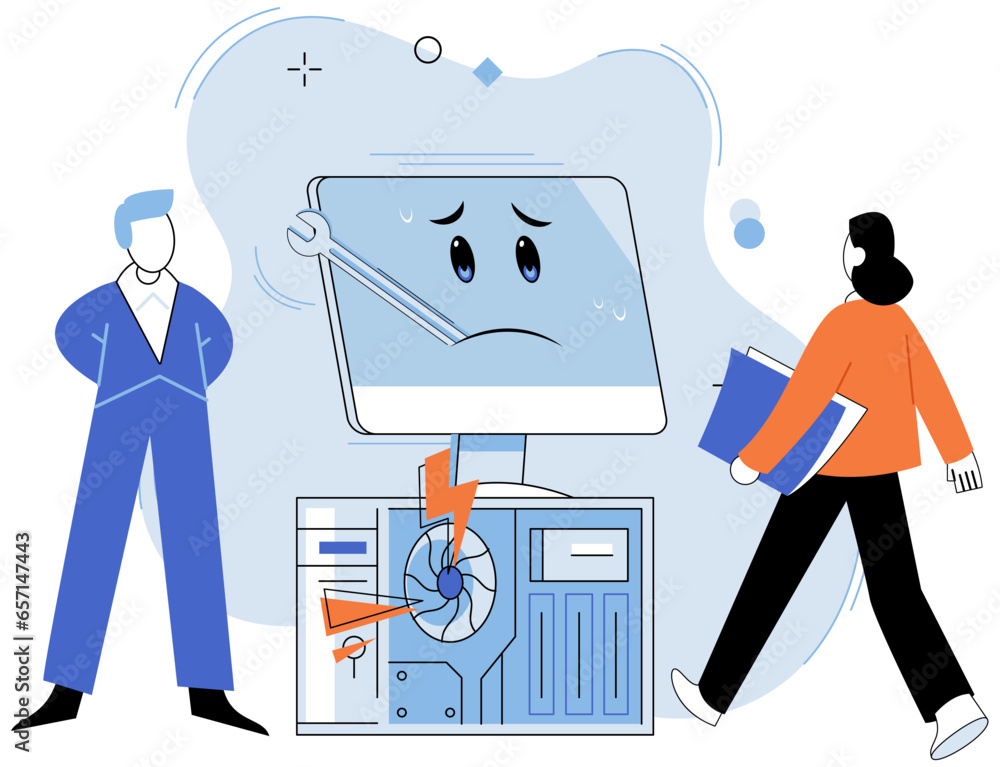 Poster system administrators or sysadmins are servicing server racks. system administration, upkeeping, con