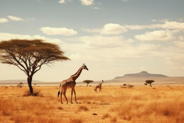 A diverse giraffe animal ecosystem on a grassland horizon. - obrazy, fototapety, plakaty