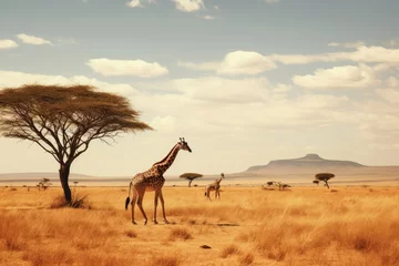 Schilderijen op glas A diverse giraffe animal ecosystem on a grassland horizon. © idaline!