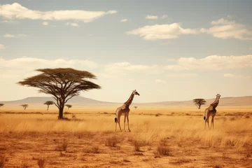 Fotobehang A diverse giraffe animal ecosystem on a grassland horizon. © idaline!