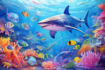 shark with group of colorful fish and sea animal with colorful coral under sea water