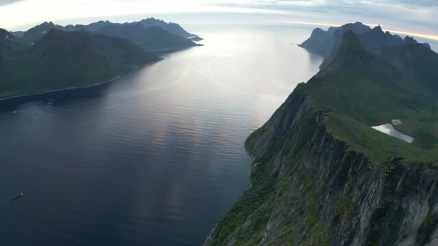 Drone video of Segla and Barden mountain on Senja island in Northern Norway