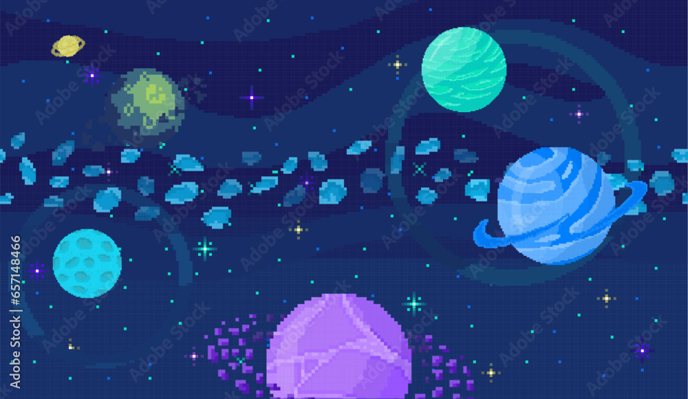 Poster space location in pixel art. background of planet. crater landscape with mountains, planet and stars