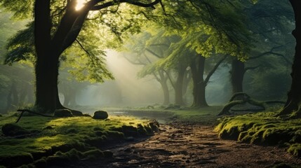 Forest deciduous trees oaks old trees foggy morning light. - obrazy, fototapety, plakaty