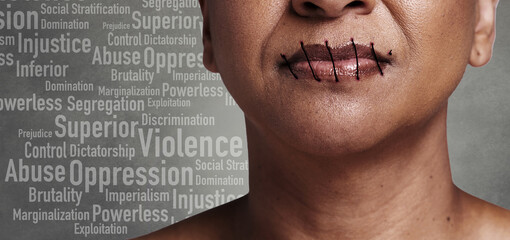 Woman, lips and oppression with silence in studio, thread stitch and text overlay for abuse, violence or danger. Person, human rights and no voice, equality or freedom of speech by grey background - obrazy, fototapety, plakaty