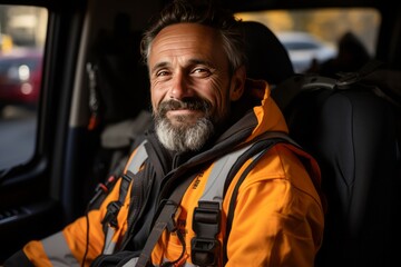 Friendly Portrait of a Bearded Driver in an Orange Jacket, Exuding Professionalism and Warmth in Daily Commutes.