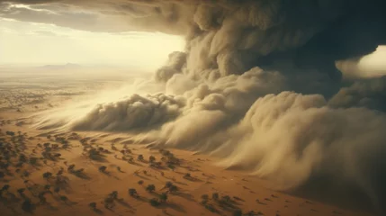 Poster Gigantic dark dust storm in desert. © visoot