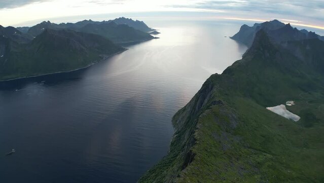 Drone video of Segla and Barden mountain on Senja island in Northern Norway