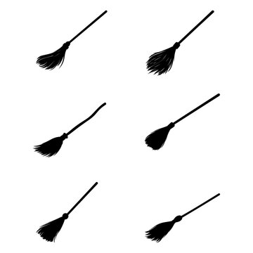 Witch’s Brooms Silhouette in Isolated Vector Illustration: Set of Witch Broomsticks, Witch Symbol, and Halloween Logo