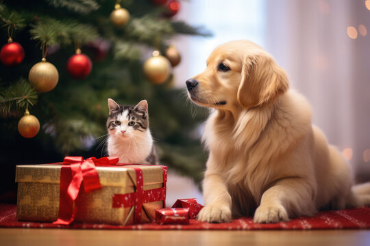 A charming image featuring pets interacting with Christmas gifts under the tree, portraying the inclusion of furry family members in the holiday festivities. Generative AI