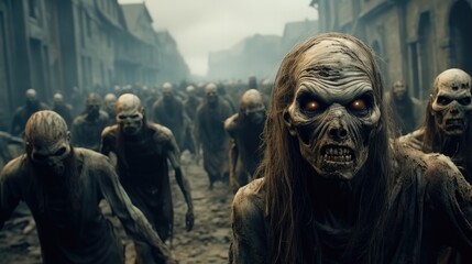 Group of Zombie hordes in the city. - obrazy, fototapety, plakaty