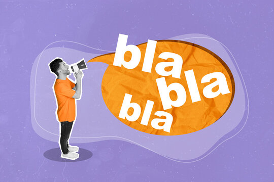 Creative collage of mini black white effect guy hold speak loudspeaker toa big dialogue bubble bla blah isolated on purple background