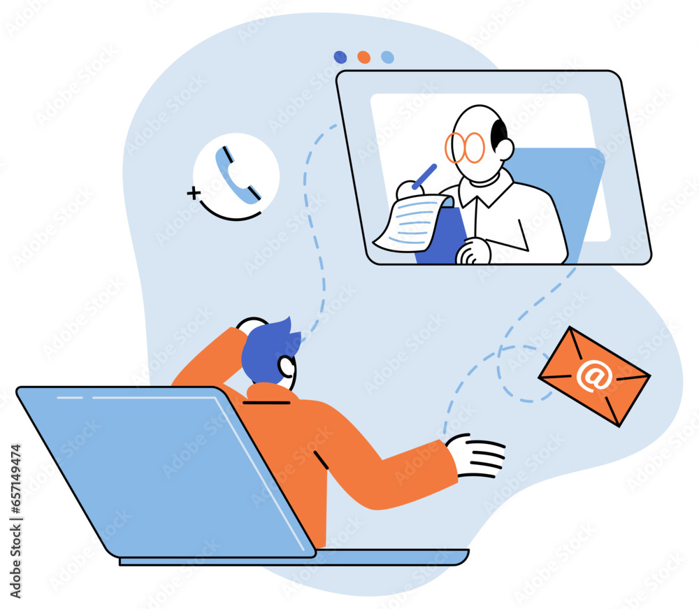 Aufkleber man having conference call with business team online, telecommuting, remote work and business commun