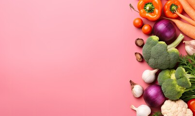 Top view vegetables on pink background.
