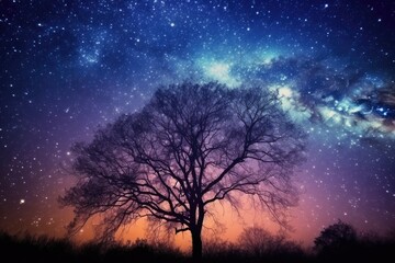 Fototapeta na wymiar Silhouetted Tree Under Starry Sky: Tranquil Scene in Nature's Celestial Beauty