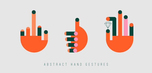 Abstract colorful Hands. Different gestures. Middle finger, thumbs up, holding diamond. Minimal design. Modern colored Vector illustration. Logo, poster, print templates. Isolated design elements