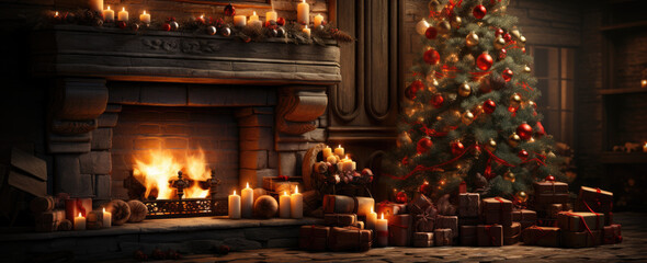 Blurred background Christmas tree with gifts in room at the fireplace - 657151060