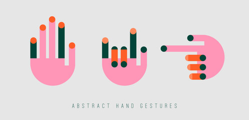 Abstract colorful Hands. Different gestures. Hold on, rock sign, pointing finger. Geometric minimal design. Modern colored Vector illustration. Logo, poster, print templates. Isolated design elements