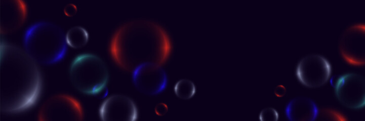 Abstract background with neon bubbles, iridescent colorful glass balls or spheres on a black background.