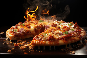 Hot big pepperoni pizza with smoke and fire composition with melting cheese bacon tomatoes ham paprika steam smoke - 657151294
