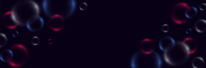Abstract background with neon bubbles, iridescent colorful glass balls or spheres on a black background.
