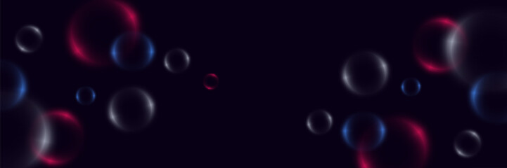 Abstract background with neon bubbles, iridescent colorful glass balls or spheres on a black background.
