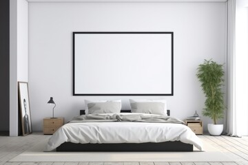Light and bright bedroom in contemporary style with blank frame for poster, interior design mock up 