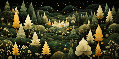 Fototapeta premium Christmas trees in night merry magic forest wood drawing
