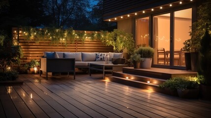 Wooden porch in a stylish backyard, Simple patio furniture and string lights surrounded by greenery at night.