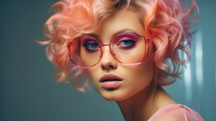 Portrait of a beautiful stylish woman in fashionable glasses with a beautiful hairstyle, close-up