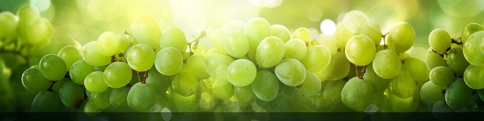 out of focus green grapes on the vine background illustration with lots of bokeh and room for copy text. - obrazy, fototapety, plakaty