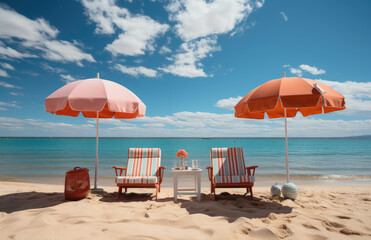 Two beach chairs, sun beds and parasols on tropical beach resort, on a sea shore 