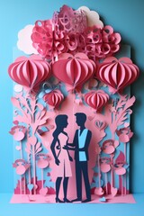 Papercut couple, invitation card. Concept of a wedding or engagement. Blue and pink