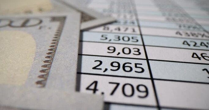 Documentation of report tables with various business data in cells. Dollars on business analysis sheets for internal meetings. Monthly report