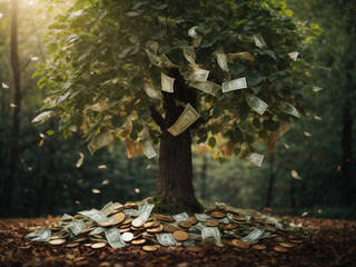 money tree with leaves of bills growing