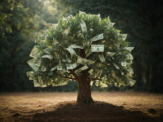 money tree with leaves of bills growing - obrazy, fototapety, plakaty