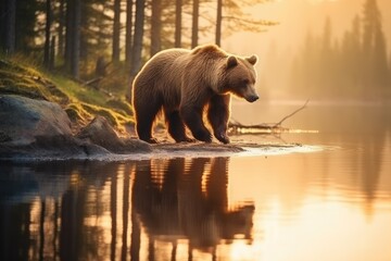 Grizzly bear in morning reflection, solitary in wilderness, side view. - obrazy, fototapety, plakaty