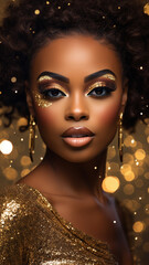 Christmas photo of an african american girl with fashion makeup, sparkles, New Year