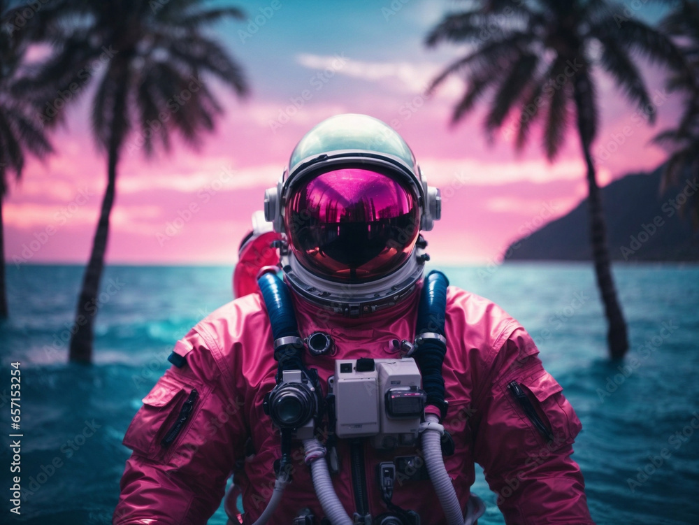 Wall mural astronaut on a float in the middle of the pool party