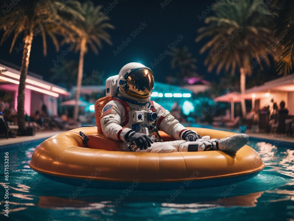 Wall mural astronaut on a float in the middle of the pool party