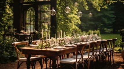 Obraz premium Beautiful decorated wedding table for evening party, Outdoor wedding banquet.