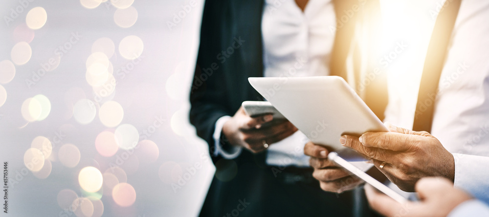 Poster hands, tech or double exposure with a team of business people together for communication or networki