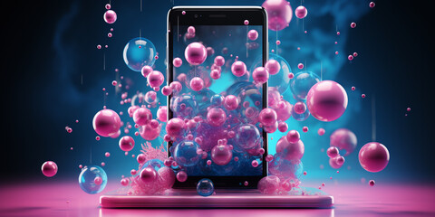 Floating smartphone screen with bubbles 3d render