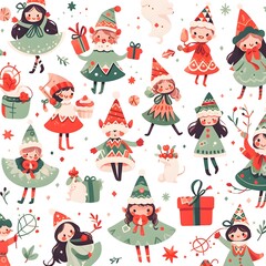 set of Christmas doodle cute girls water color style vector illustration