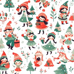 set of Christmas doodle cute girls water color style vector illustration