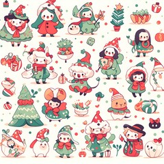 Fototapeta premium set of Christmas doodle cute girls water color style vector illustration