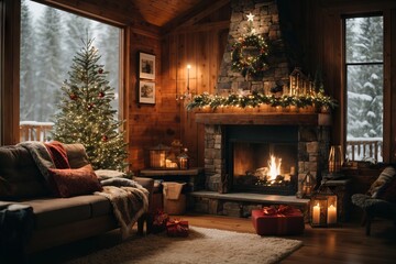 Beautiful New Year's interior of a village house in a snowy forest